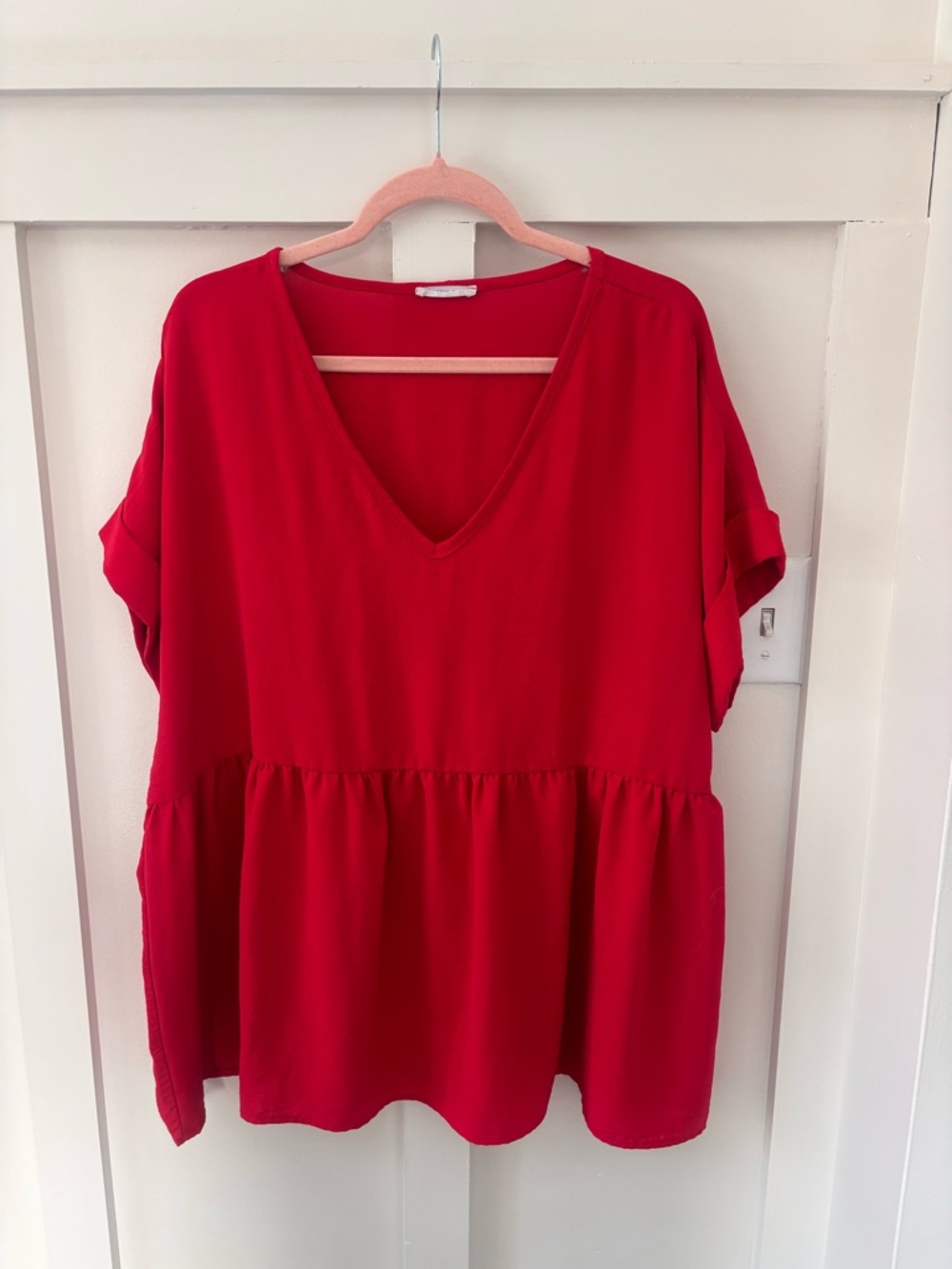 ChicSoul Relaxed V-Neck Peplum Blouse - Red 1XL